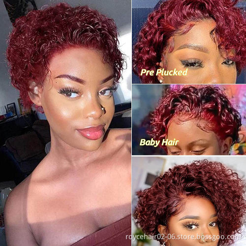 Wholesale Pixie Cut Short Curly Bob 99J Burgundy Raw Indian Virgin Human Hair Glueless Swiss Transparent 13x1 Lace Front Wig